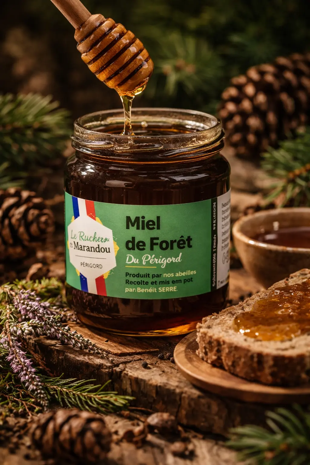 Pot de miel de forêt du Périgord du Rucher du Marandou avec pain rustique et ambiance forestière