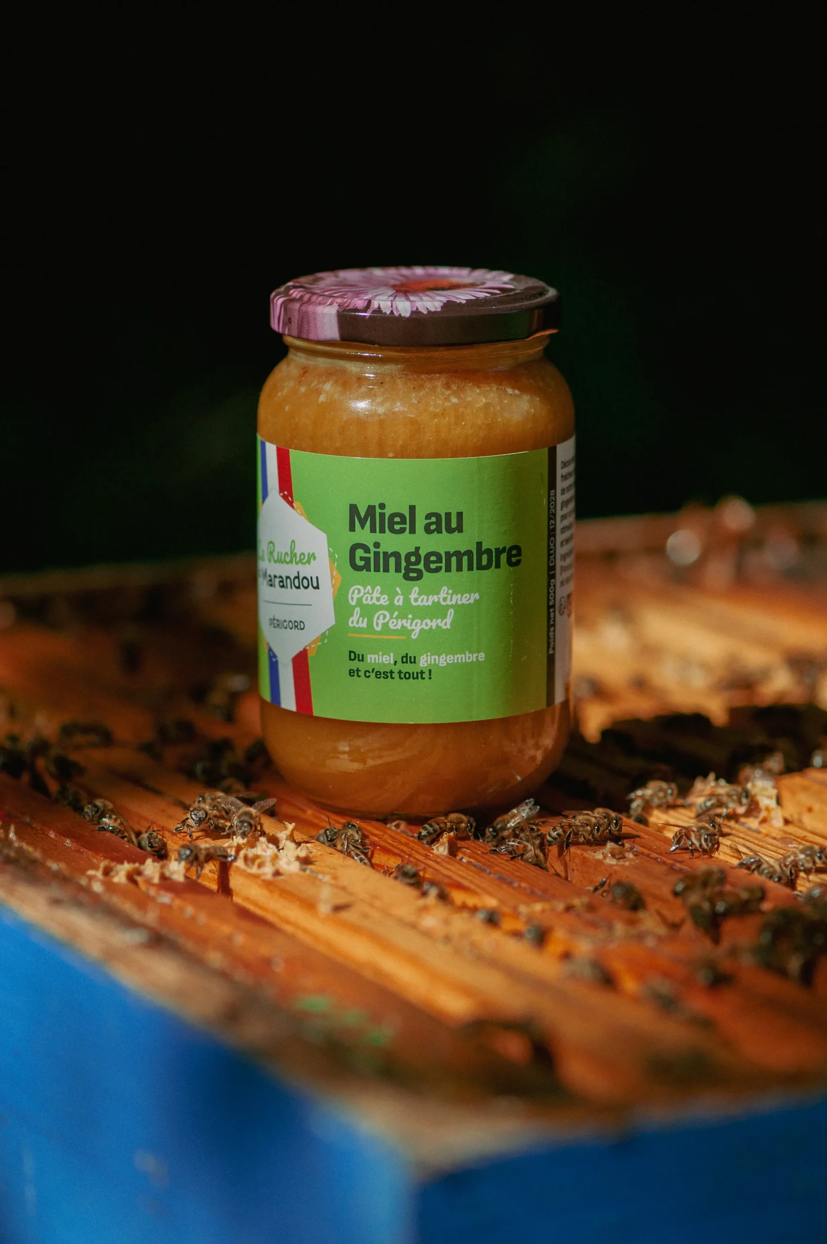Miel au gingembre artisanal du Périgord sur ruche avec abeilles – Apiculteur Le Rucher du Marandou