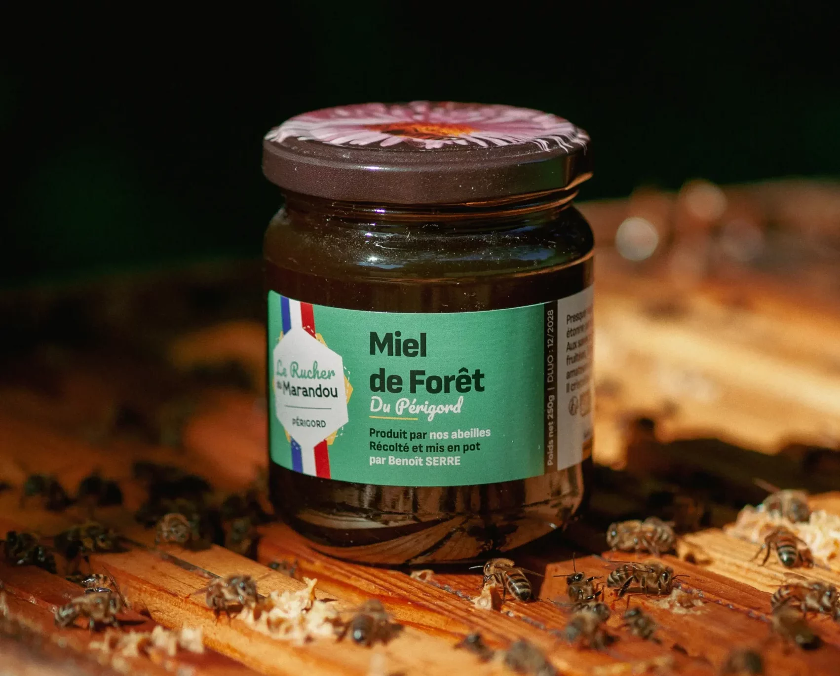 Miel de forêt 250 g – Rucher du Marandou Pot de miel de forêt 250 g du Rucher du Marandou posé sur une ruche avec des abeilles en Dordogne.