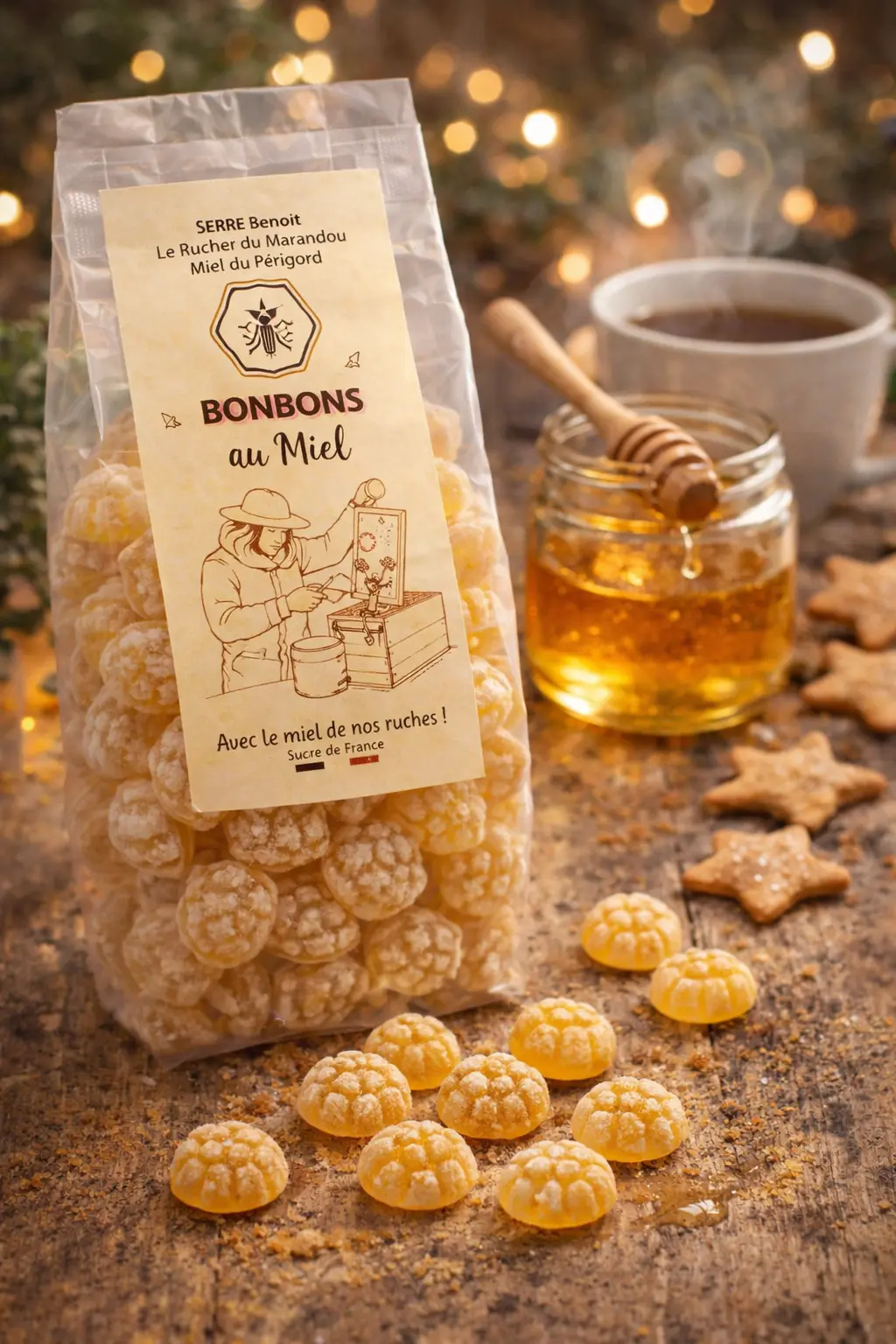 Bonbons au miel du Périgord artisanaux en sachet 180 g – Rucher du Marandou avec pot de miel et cuillère en bois