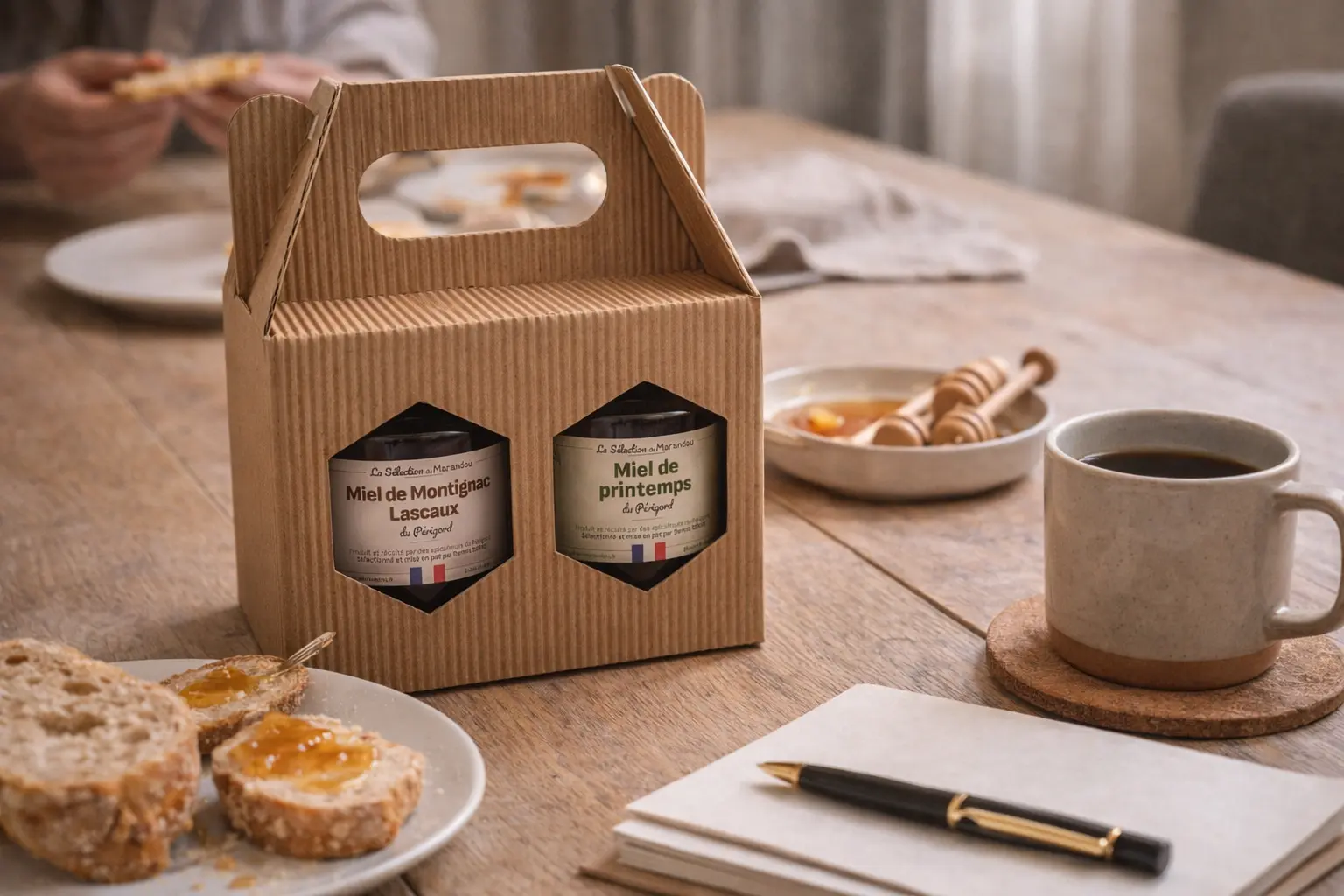 Coffret duo 2x250g – Miels artisanaux du Périgord, Montignac-Lascaux et Printemps Sélection, en situation petit-déjeuner convivial