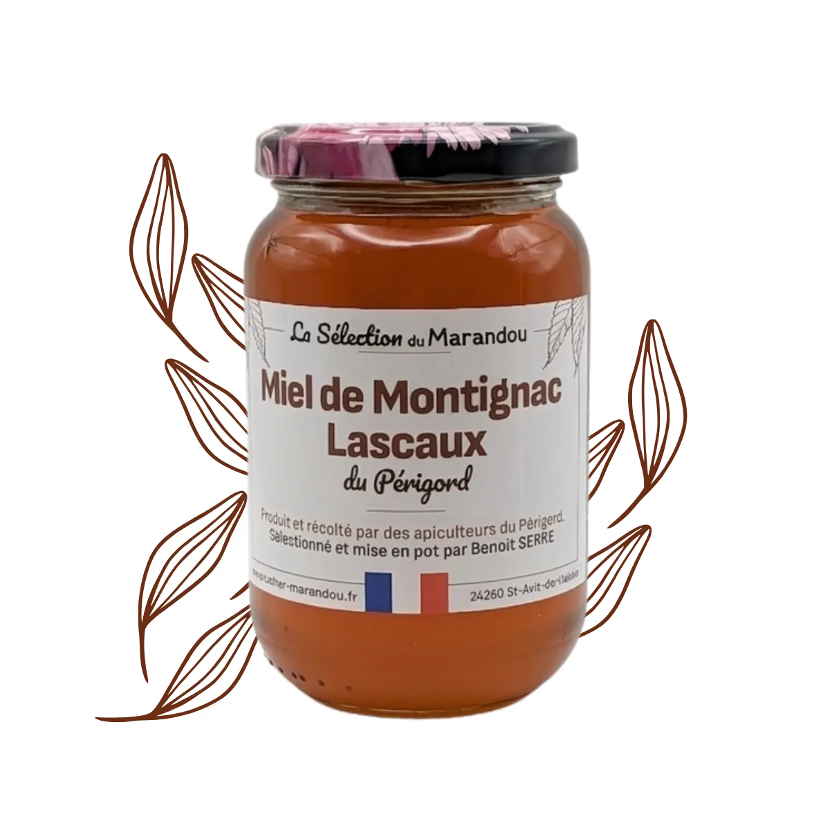 Pot de Miel de Montignac Lascaux du Périgord sur fond beige avec illustration végétale, miel d’été du Périgord Noir