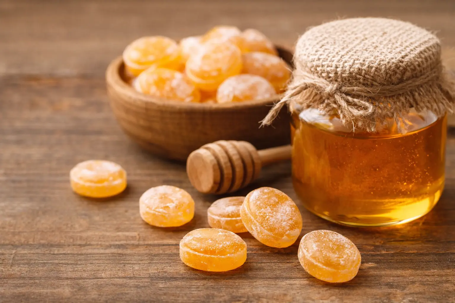 Bonbons au miel artisanaux et pot de miel, illustration des ingrédients naturels 