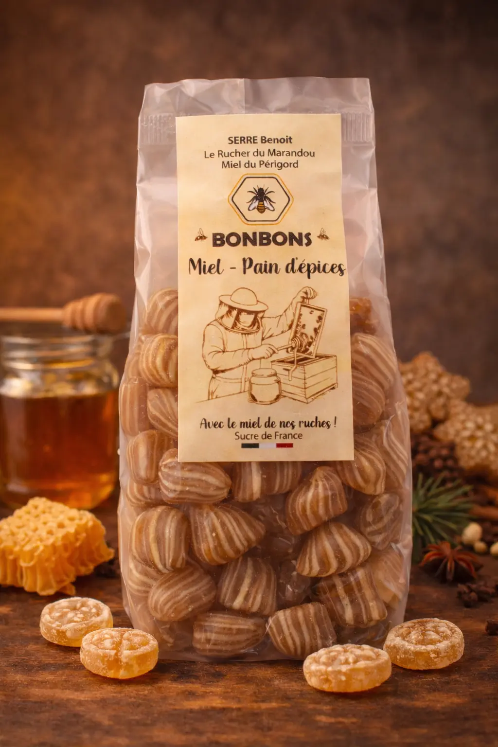 Bonbons artisanaux au miel du Périgord saveur pain d’épices, sachet 180 g