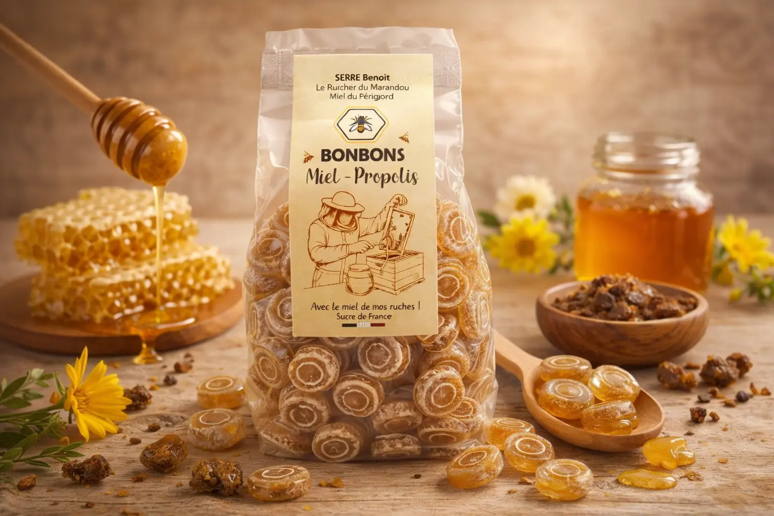 Bonbons au miel et à la propolis artisanaux, issus du miel du Périgord, présentés dans leur sachet avec miel et alvéoles en arrière-plan 