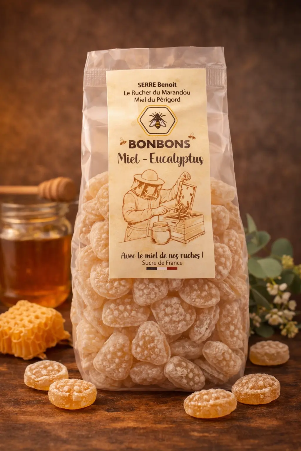 Bonbons artisanaux au miel du Périgord saveur eucalyptus, sachet de 180 g