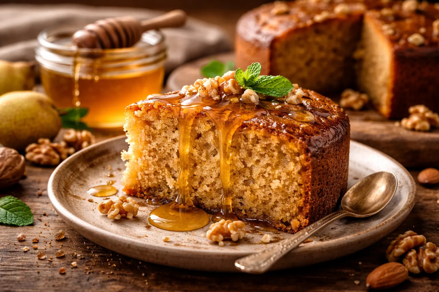 Délice de gâteau au miel Part de gâteau au miel moelleux, nappée de miel doré, présentée pour un dessert gourmand de Saint-Valentin