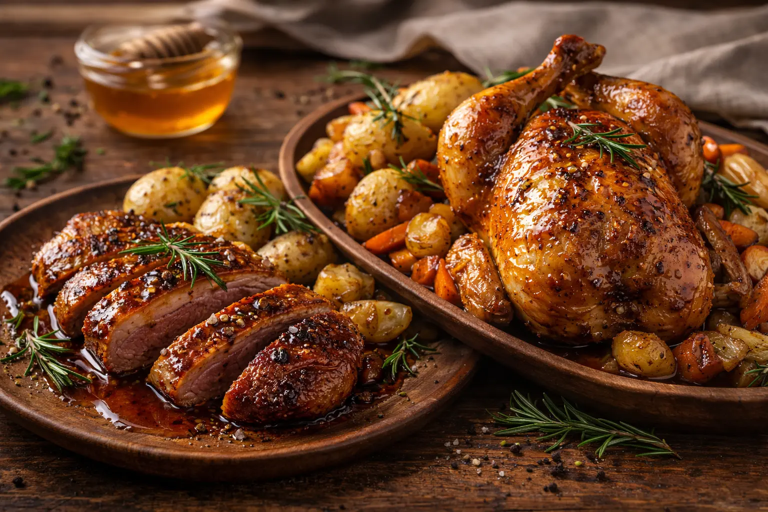 Magret de canard Magret et poulet rôti au miel Magret de canard laqué au miel et poulet rôti au miel, plat gourmand pour un dîner de Saint-Valentin