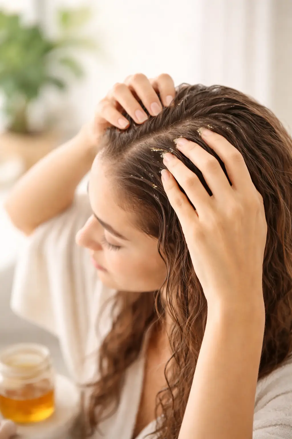 Application de miel sur le cuir chevelu Application de miel sur le cuir chevelu pour apaiser et hydrater les cheveux naturellement