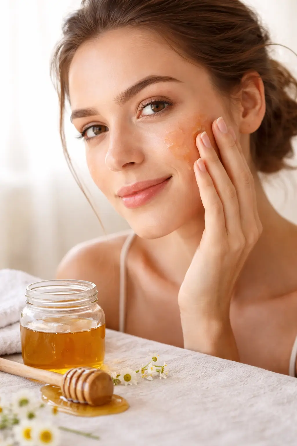 Application douce de miel sur peau Femme appliquant un masque au miel cru sur le visage pour un soin naturel de la peau