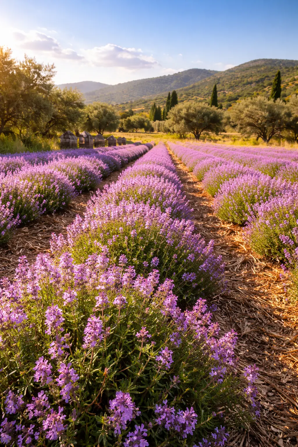 Champs de thym sous le soleil Plantation de thym en fleurs sous le soleil méditerranéen, plante aromatique mellifère butinée par les abeilles
