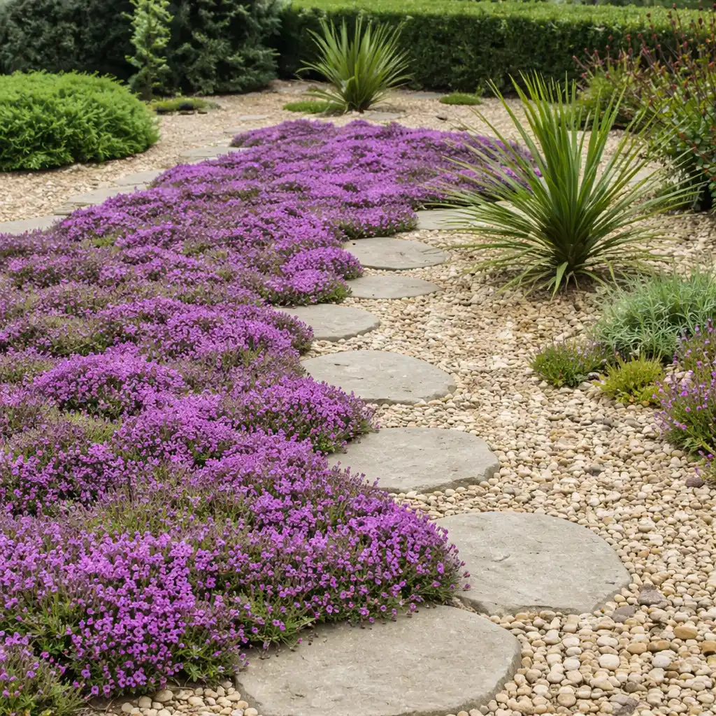Chemin fleuri en thym rampant Chemin de jardin bordé de thym en fleurs violettes, plante aromatique mellifère appréciée des abeilles