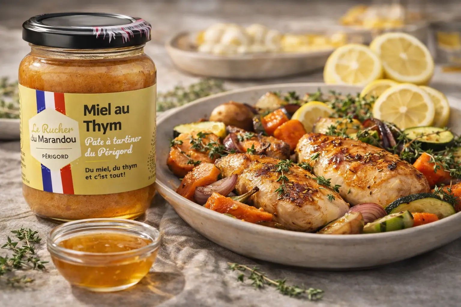 Miel au thym du Périgord du Rucher du Marandou utilisé pour glacer un poulet rôti et des légumes grillés<br />
