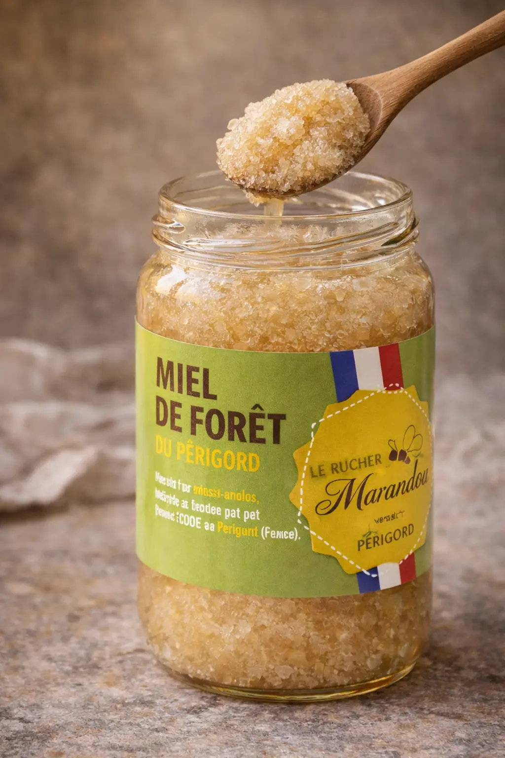 Miel de Forêt du Périgord - phase cristallisée Pot de miel de forêt du Périgord cristallisé avec texture granuleuse naturelle