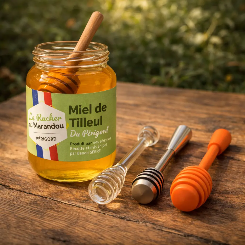 Pot de miel de tilleul du Périgord avec cuillères à miel en bois, verre, inox et silicone