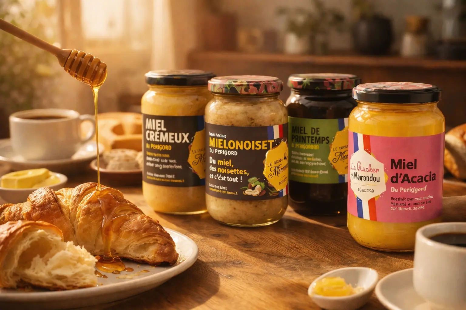 Miels du Périgord et croissant chaud Miels artisanaux du Périgord du Rucher du Marandou servis au petit-déjeuner avec croissant et filet de miel