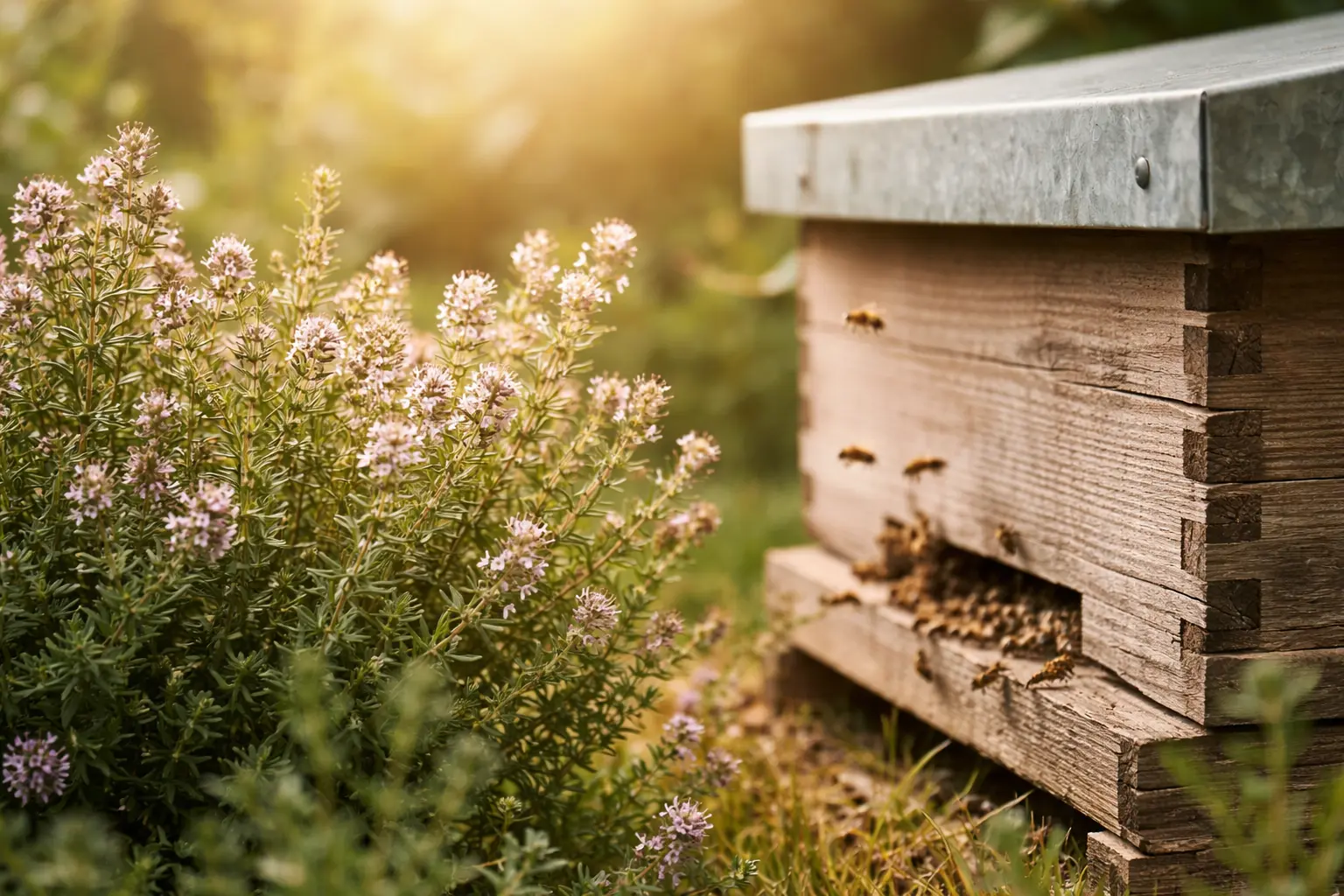 Ruche et thym fleuri au soleil Ruche en bois entourée de thym en fleur, plante mellifère butinée par les abeilles