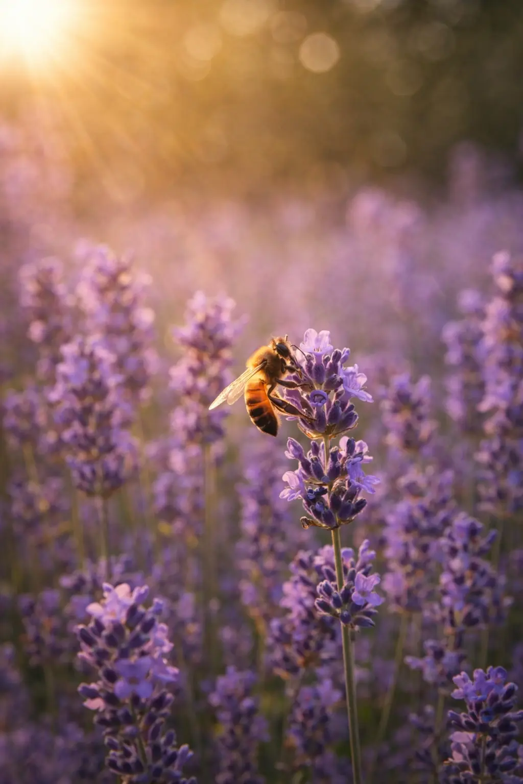 Abeille butinant une fleur de lavande dans un champ de lavande mellifère