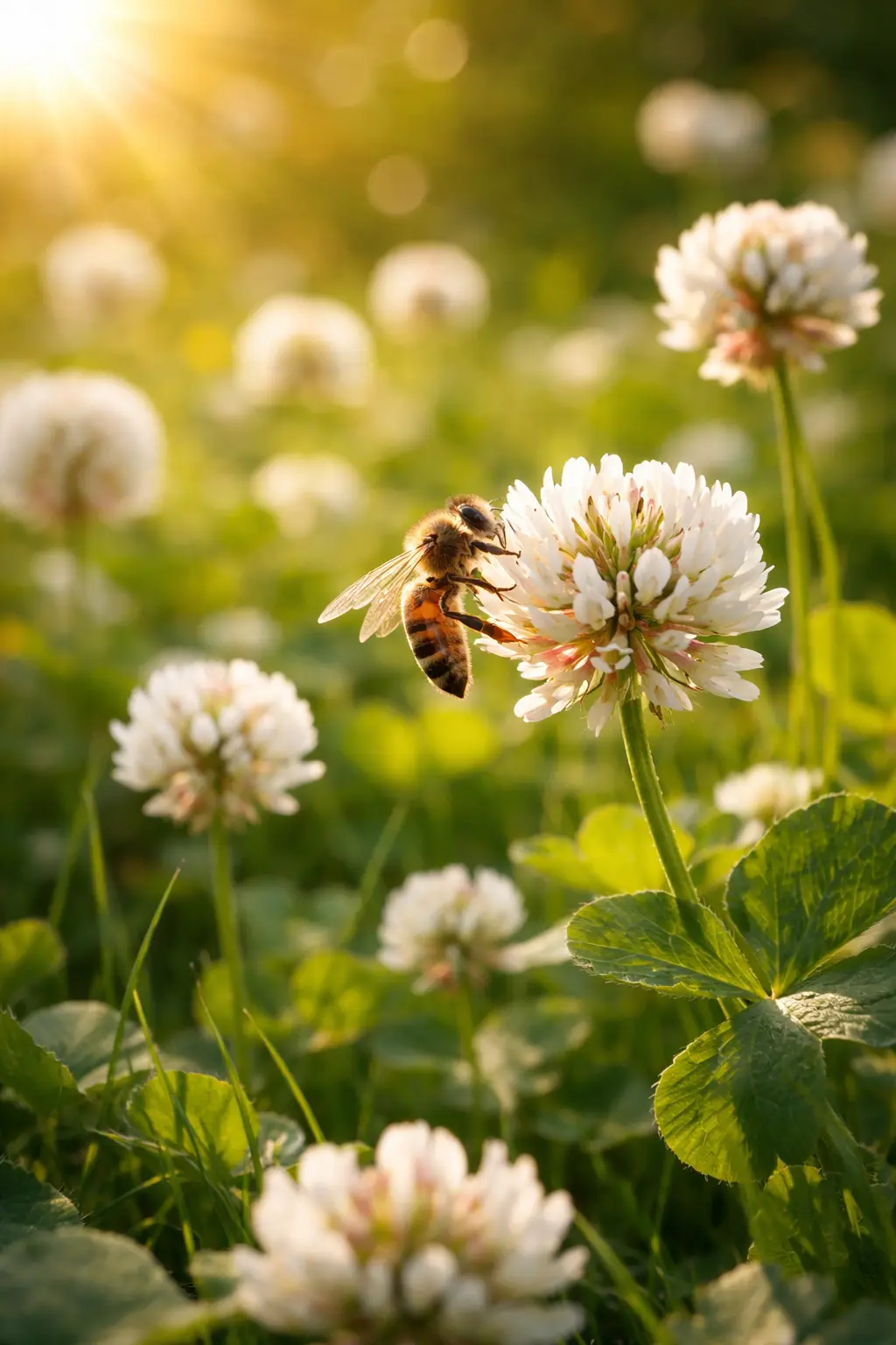 Abeille butinant une fleur de trèfle blanc dans une prairie mellifère