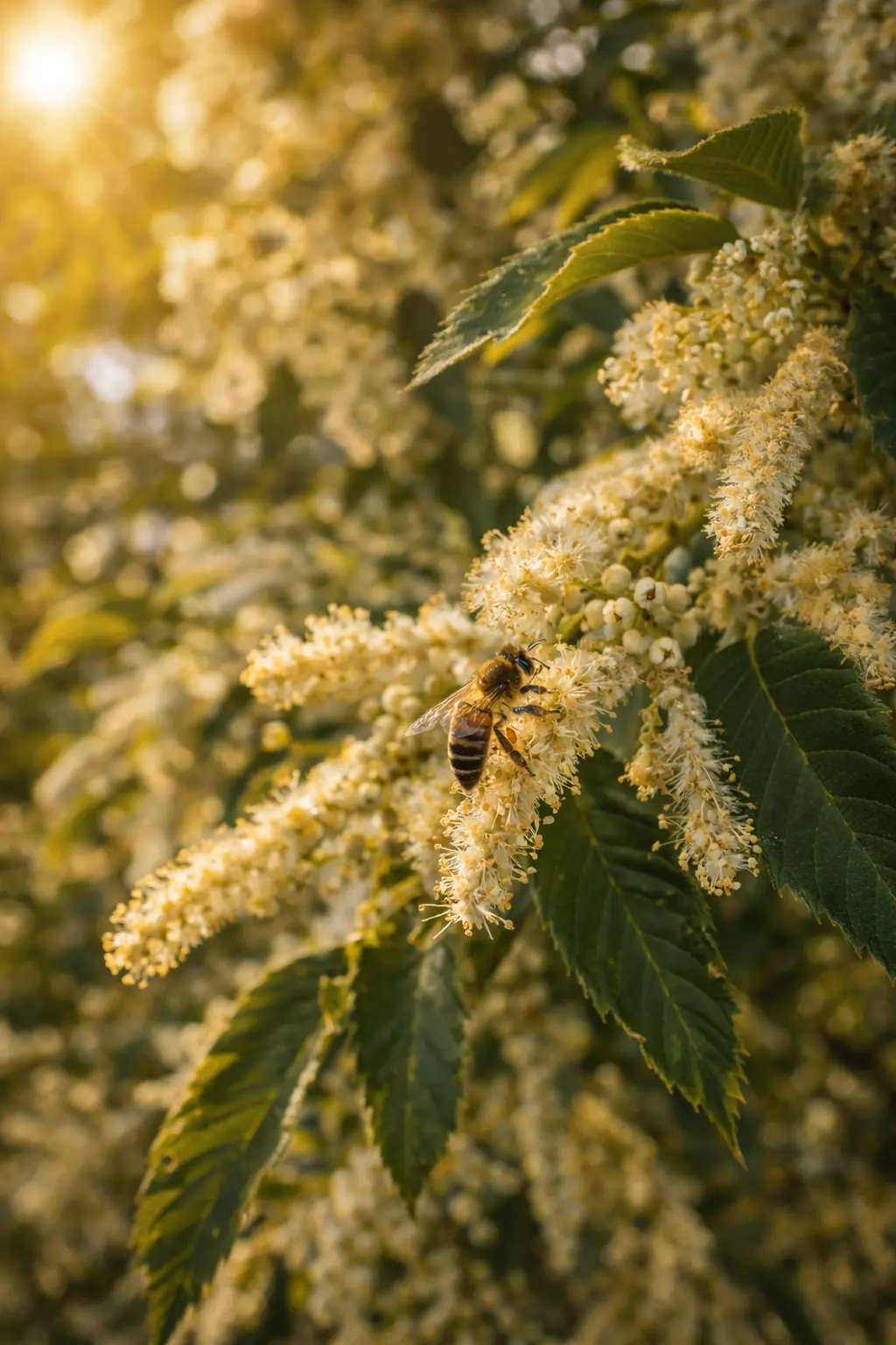 Abeille butinant des fleurs de châtaignier sur un arbre mellifère