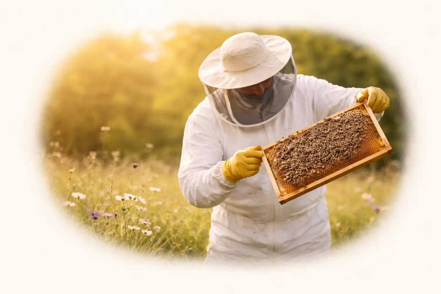 Apiculteur du Périgord – cadre de ruche Apiculteur du Périgord tenant un cadre de ruche rempli d’abeilles