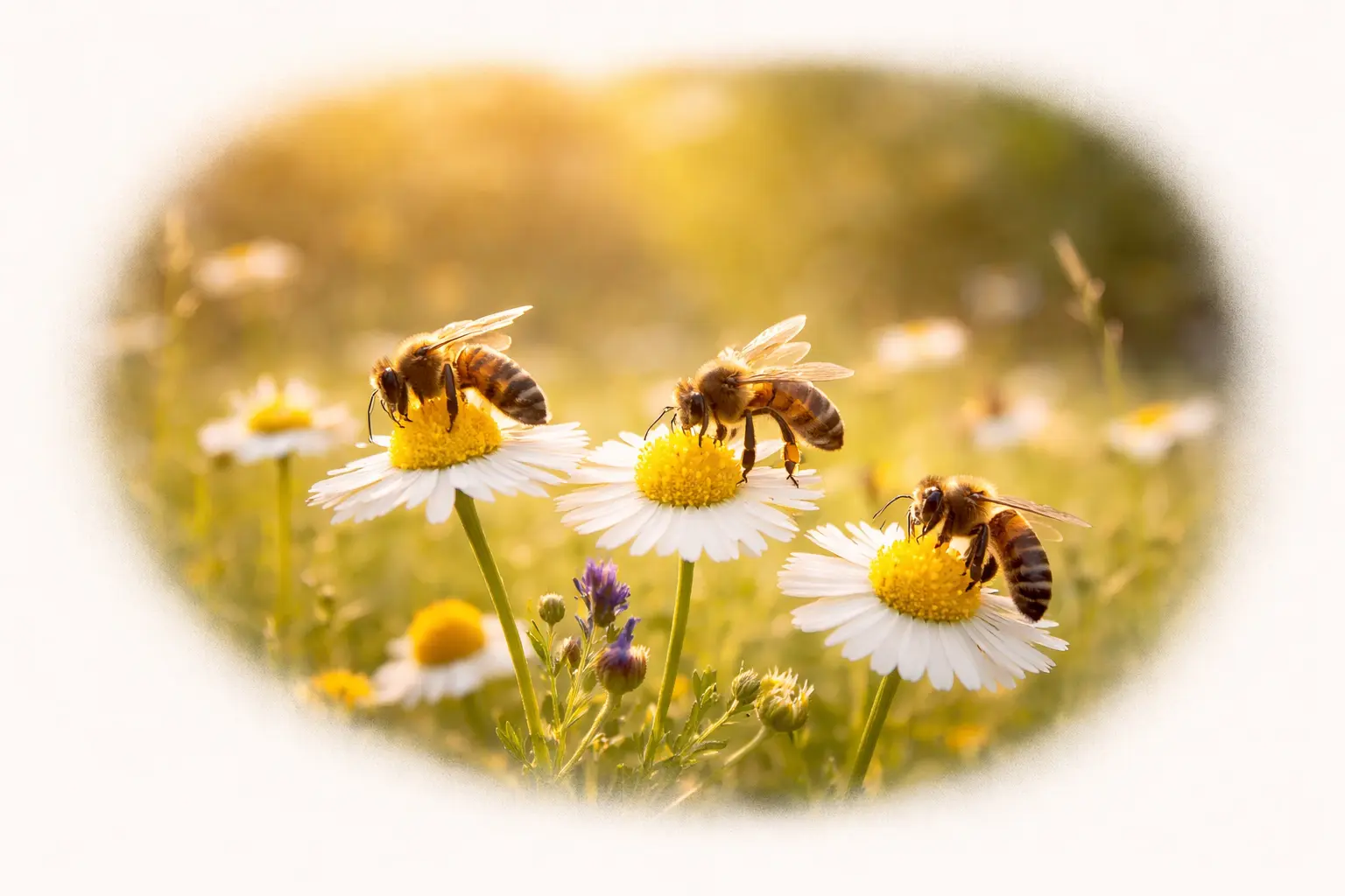 Circuit court – abeilles butinant des fleurs Abeilles butinant des fleurs dans une prairie – illustration du circuit court du miel