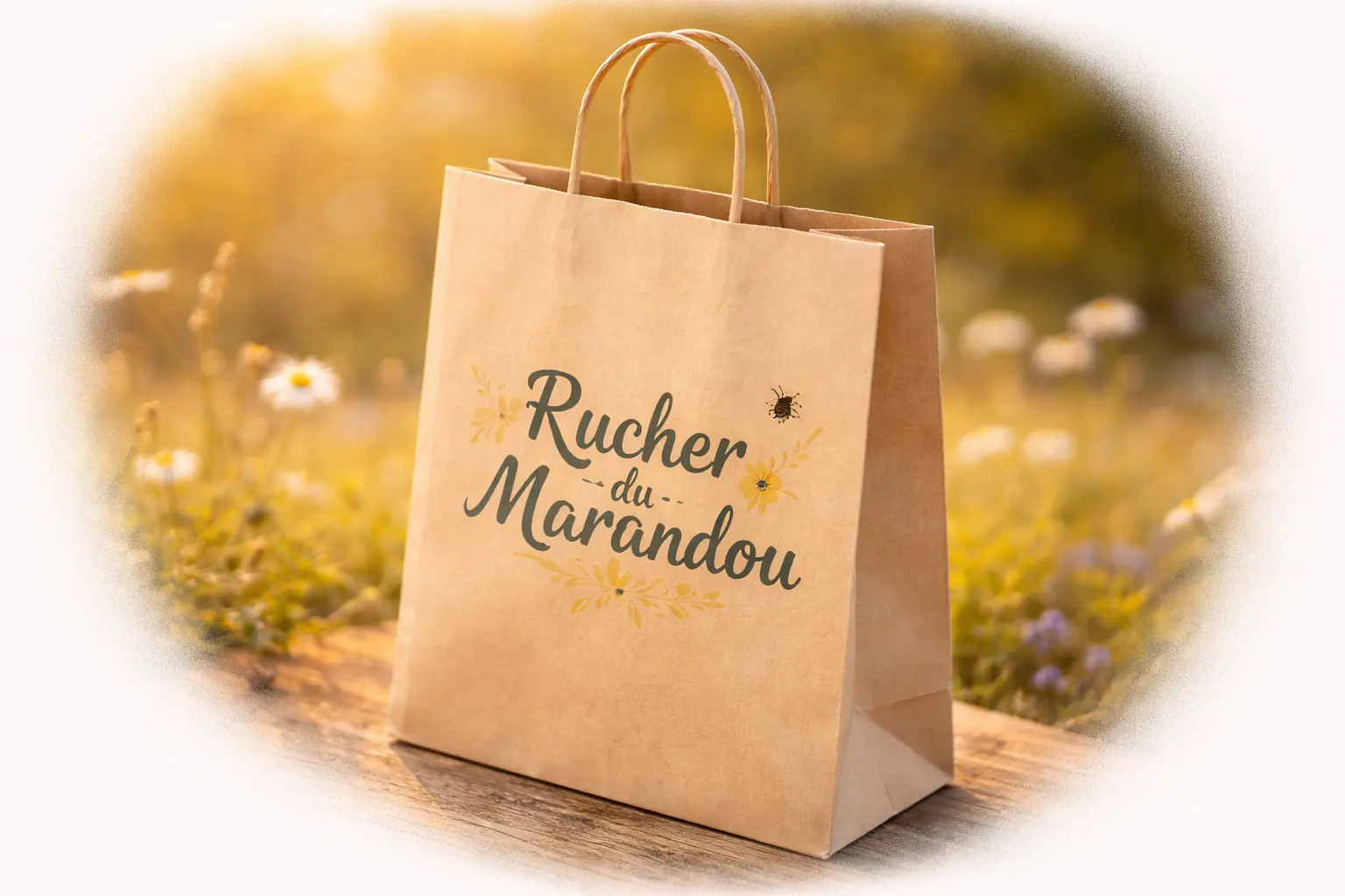 Livraison soignée – Rucher du Marandou Sac en papier kraft Rucher du Marandou pour la livraison de miel artisanal