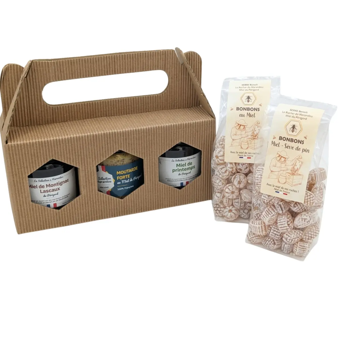 Coffret gourmand avec moutarde forte au miel du Périgord, deux pots de miel et bonbons artisanaux du Rucher du Marandou