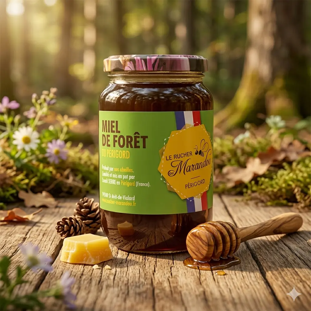 Pot de miel de forêt du Périgord produit par le Rucher du Marandou posé sur une table en bois en pleine forêt