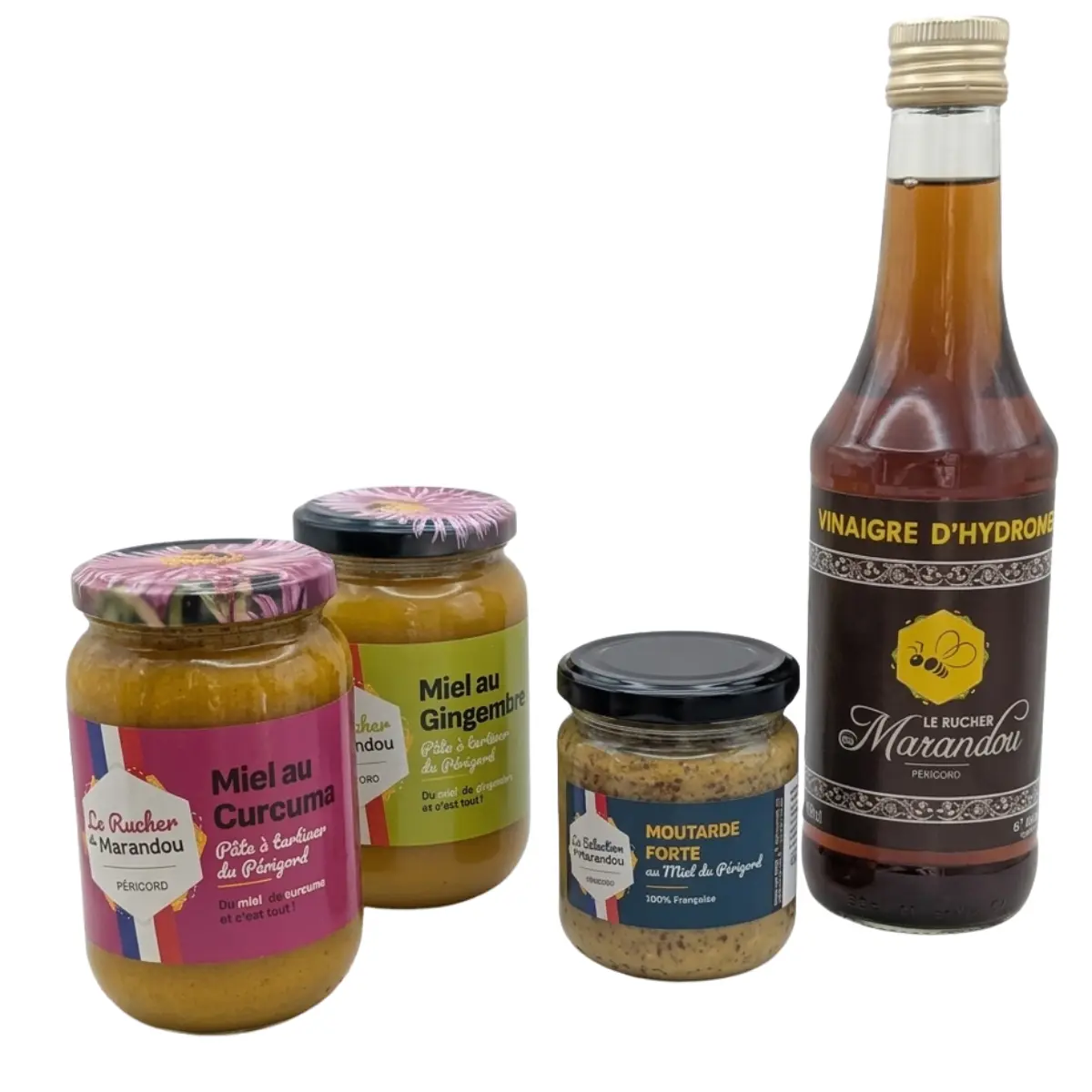 Moutarde forte au miel du Périgord accompagnée de pâtes à tartiner et vinaigre d’hydromel du Rucher du Marandou