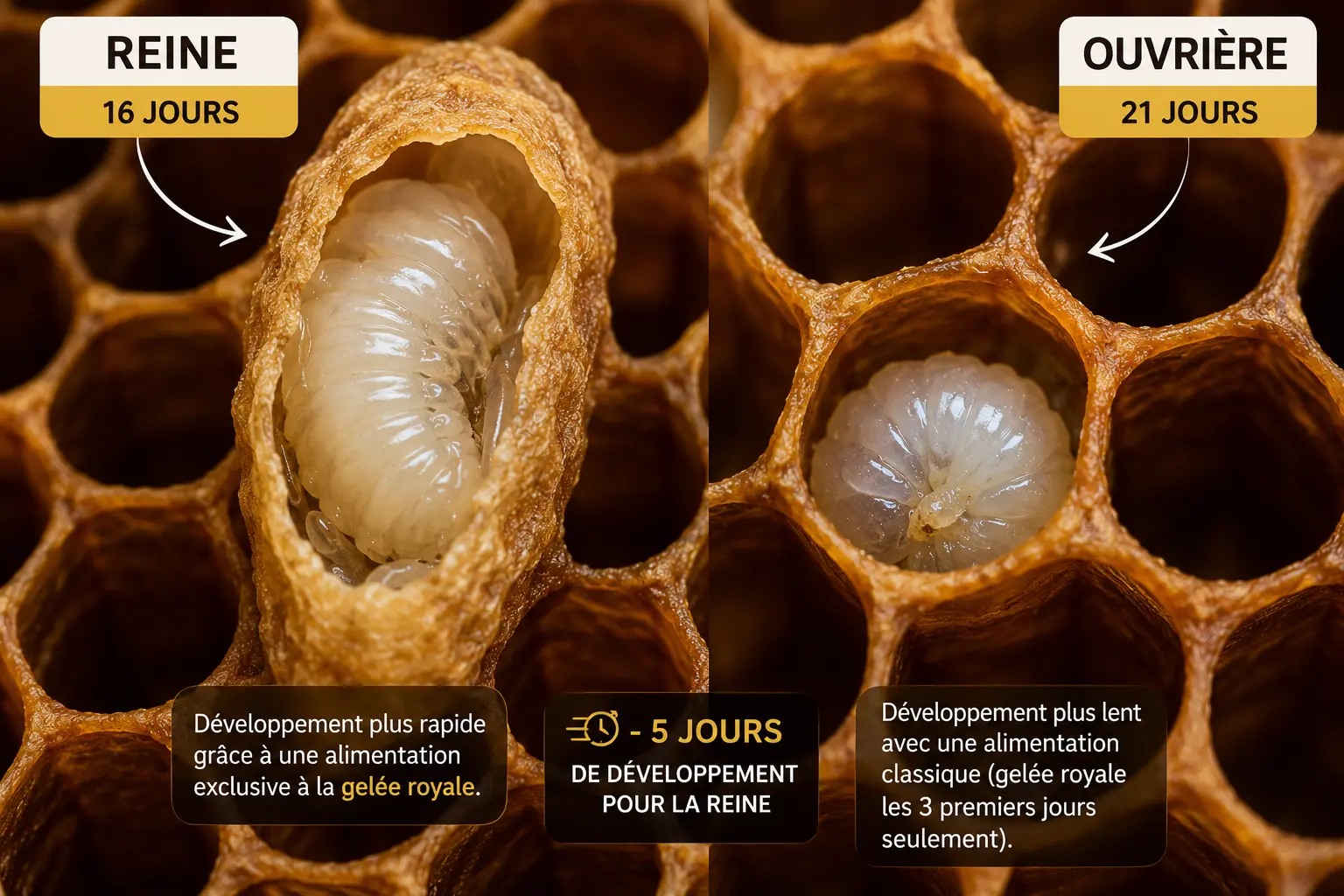 Développement d’une reine et d’une ouvrière dans les cellules de couvain Comparaison macro entre une cellule royale et une cellule d’ouvrière dans une ruche d’abeilles