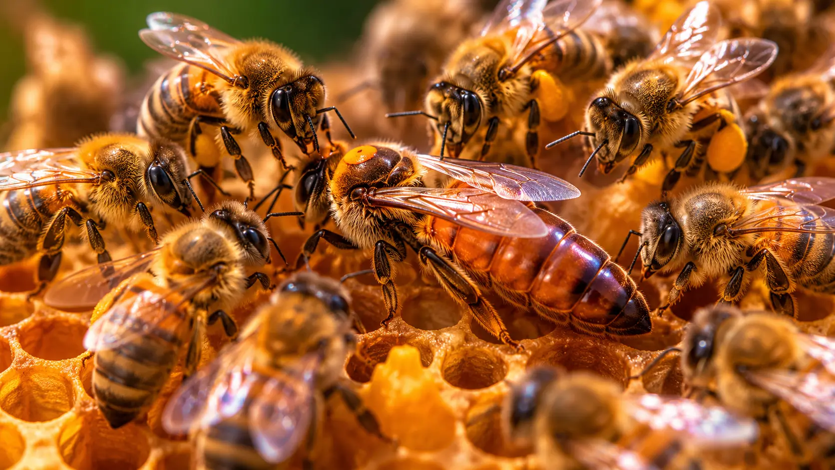 La vie d’une reine abeille au cœur de la ruche Reine abeille entourée d’ouvrières sur un cadre de ruche en lumière dorée
