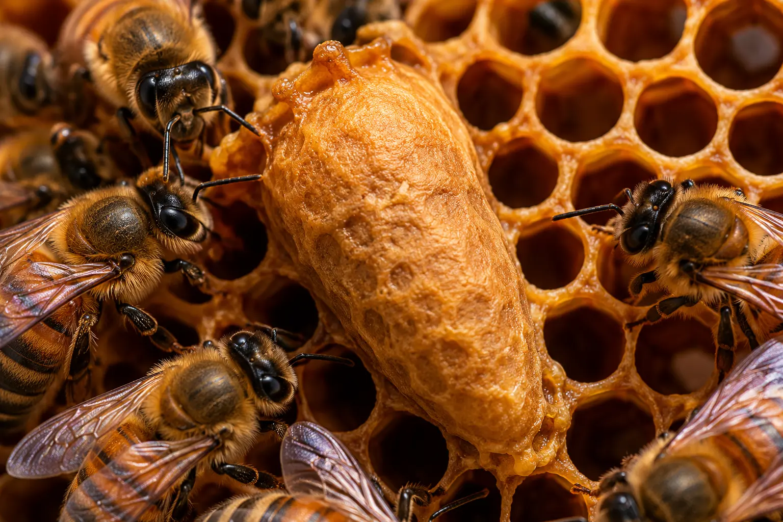 Cellule royale operculée dans une ruche d’abeilles Cellule royale operculée entourée d’abeilles ouvrières sur un cadre de ruche en macro