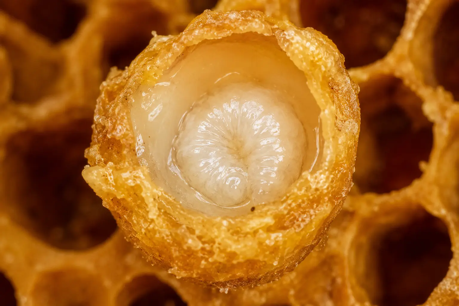Développement d’une larve royale dans une cellule de ruche Larve de reine abeille nourrie à la gelée royale dans une cellule royale en macro