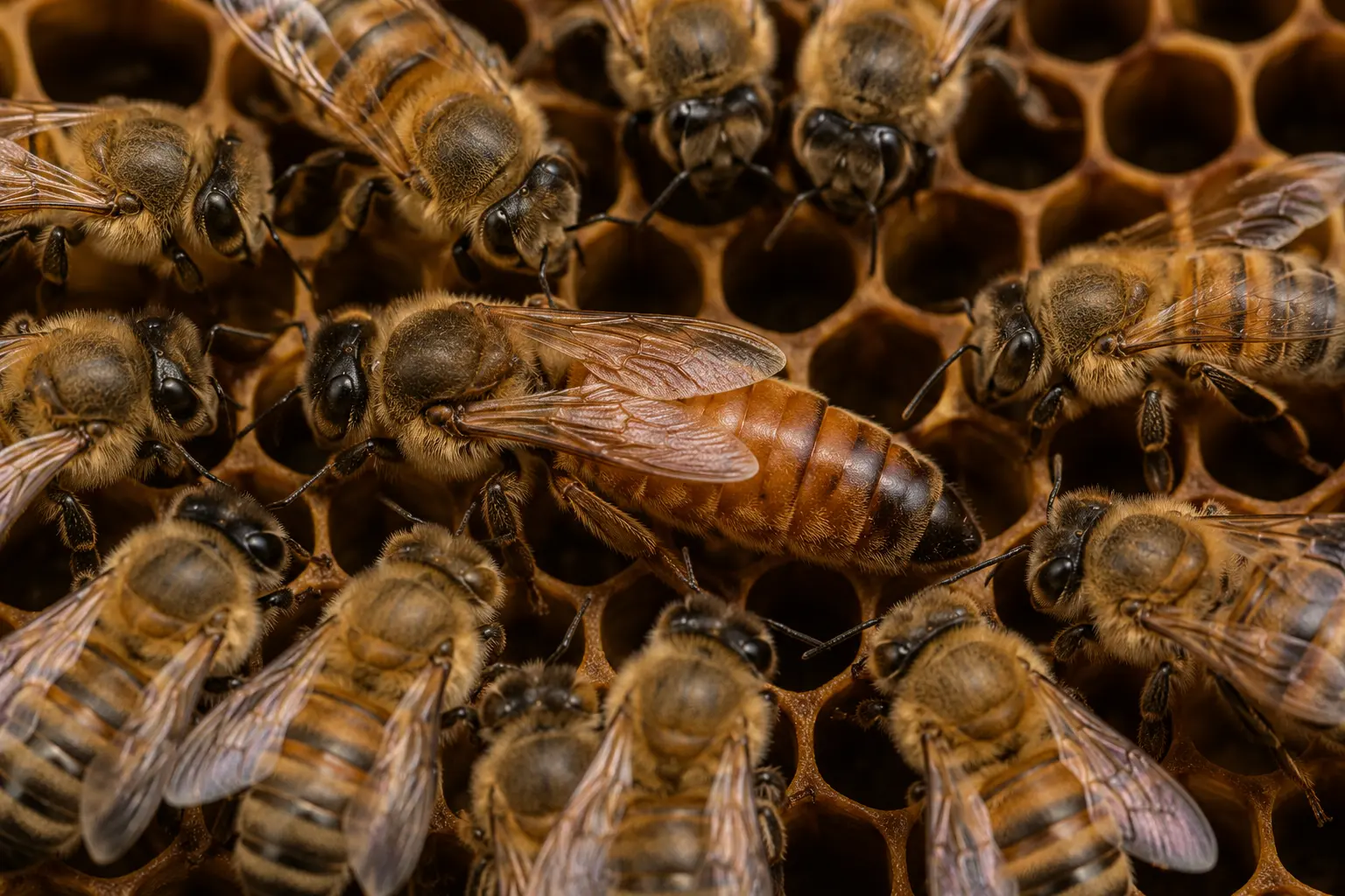 Reine abeille reconnaissable au milieu des ouvrières Reine abeille entourée d’ouvrières sur un cadre de ruche en photographie macro
