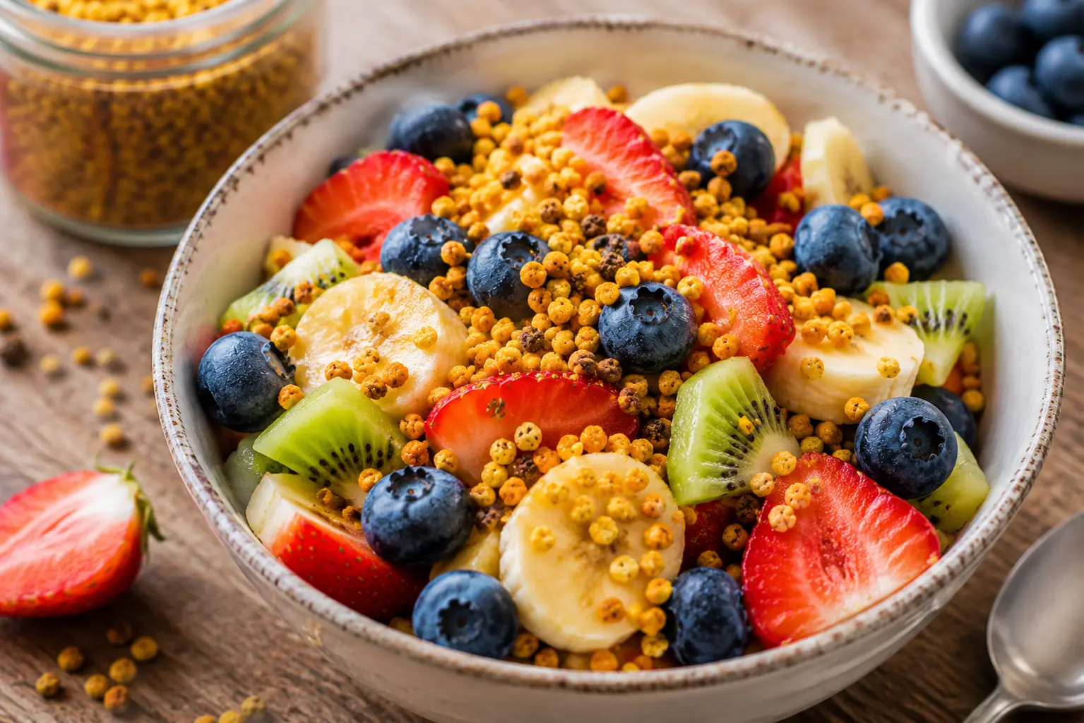Salade de fruits colorée et gourmande Bol de fruits frais garni de pollen de fleurs multicolore