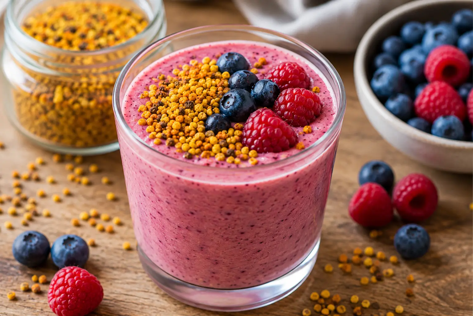 Smoothie aux baies et miel Smoothie aux fruits rouges garni de pollen de fleurs multicolore