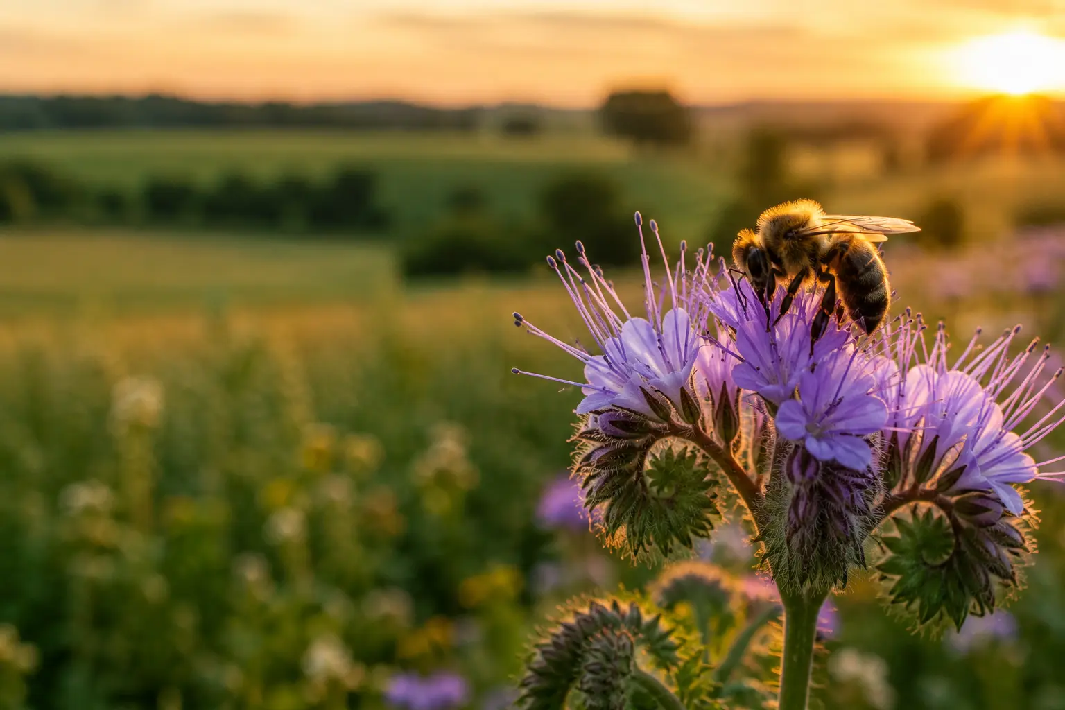 Abeille sur fleurs de phacélie au coucher du soleil Abeille butinant une fleur de phacélie au coucher du soleil dans un paysage agricole