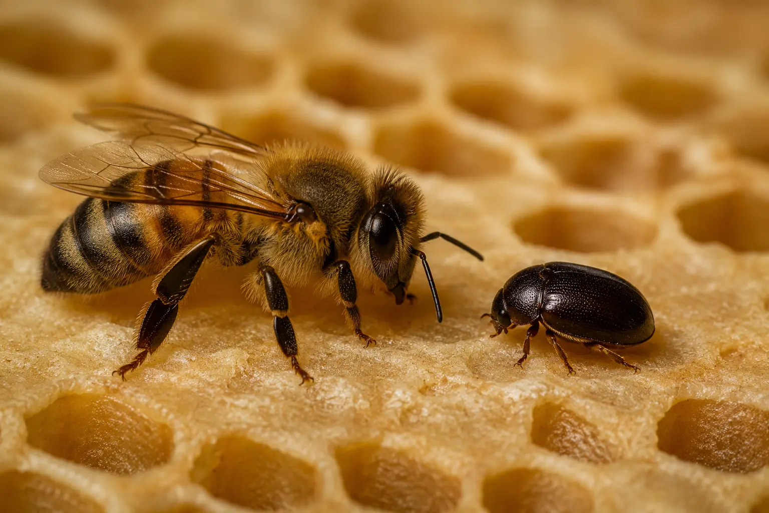 Abeille et Aethina tumida sur un rayon de cire Abeille domestique à côté d'un Aethina tumida, le petit coléoptère des ruches, sur un rayon de cire.
