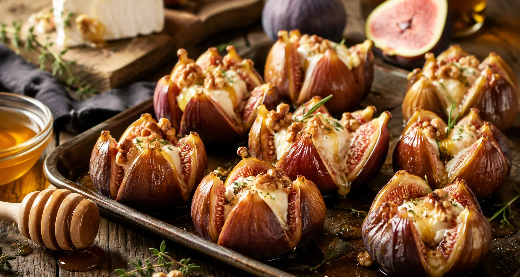 Figues rôties au fromage et au miel Figues rôties au miel de châtaignier, fromage de chèvre et noix fraîchement sorties du four sur une plaque de cuisson rustique.