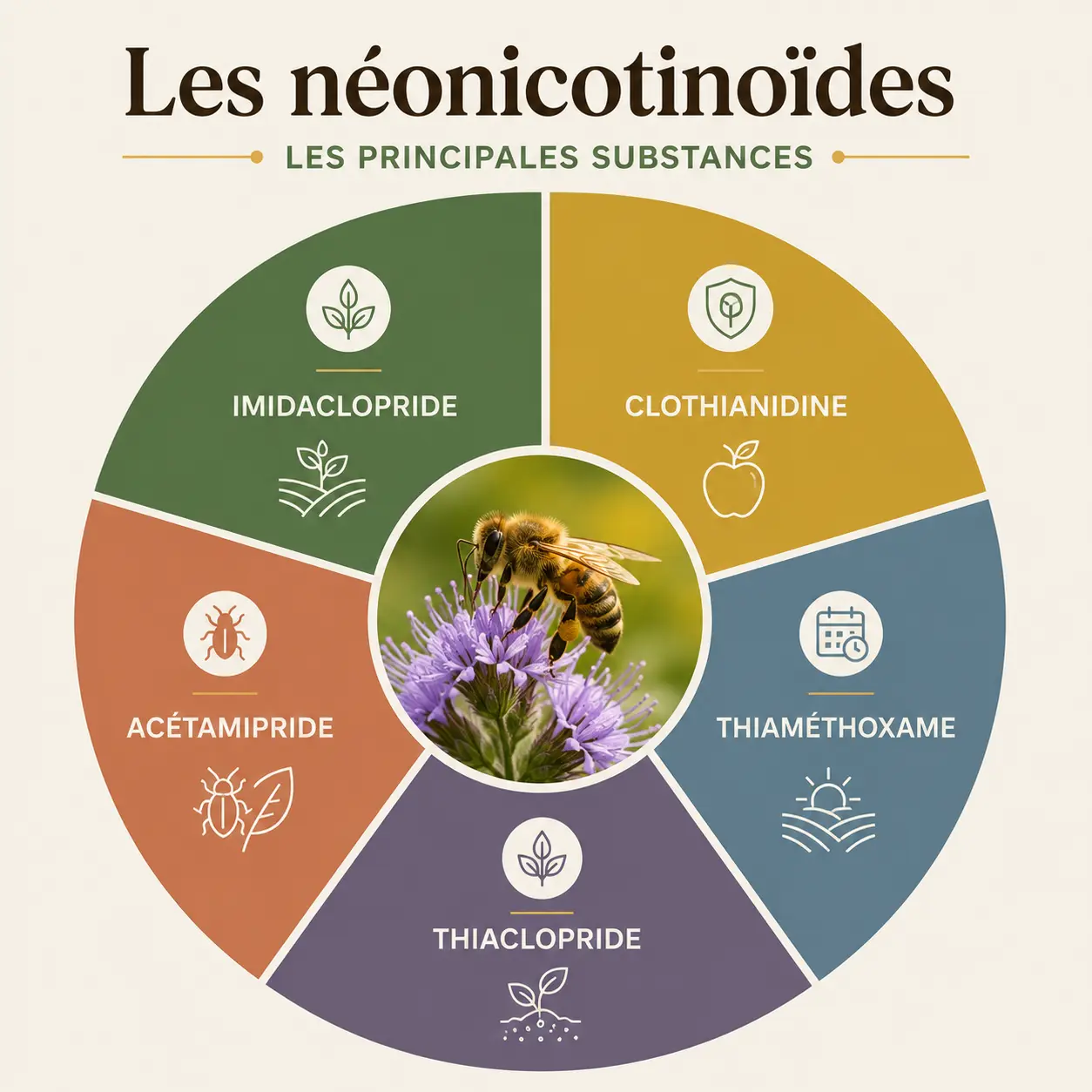 Les néonicotinoïdes cinq substances clés Infographie présentant les cinq principales substances de la famille des néonicotinoïdes autour d'une abeille sur une fleur