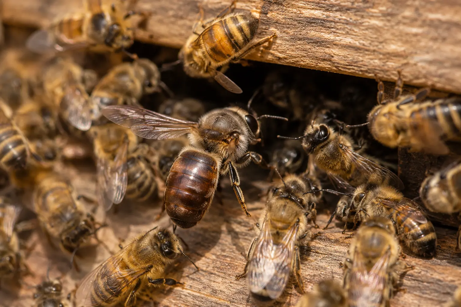 Faux bourdon entrant dans une ruche au milieu des abeilles ouvrières