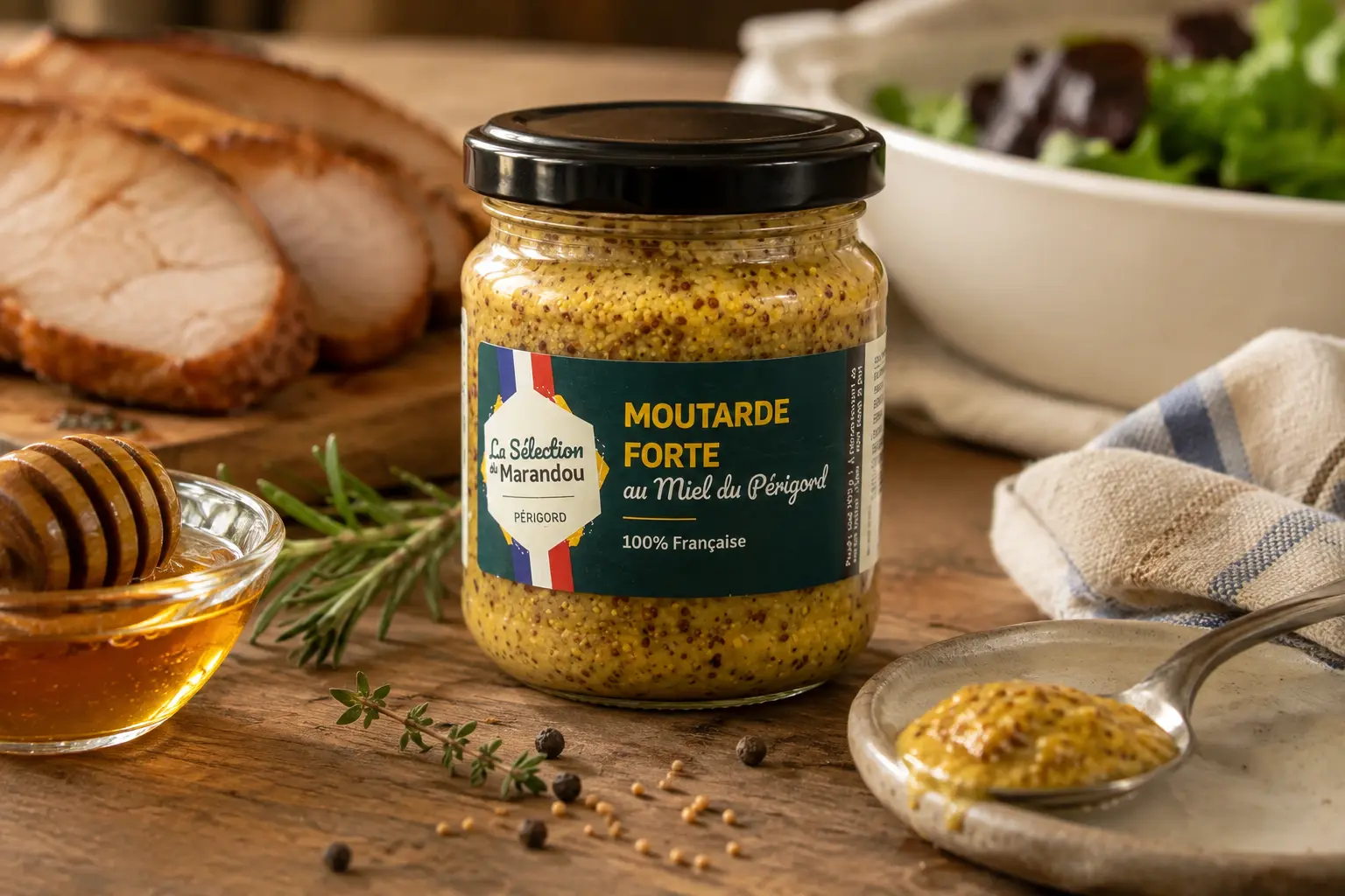 Moutarde forte au miel du Périgord avec miel et accompagnements